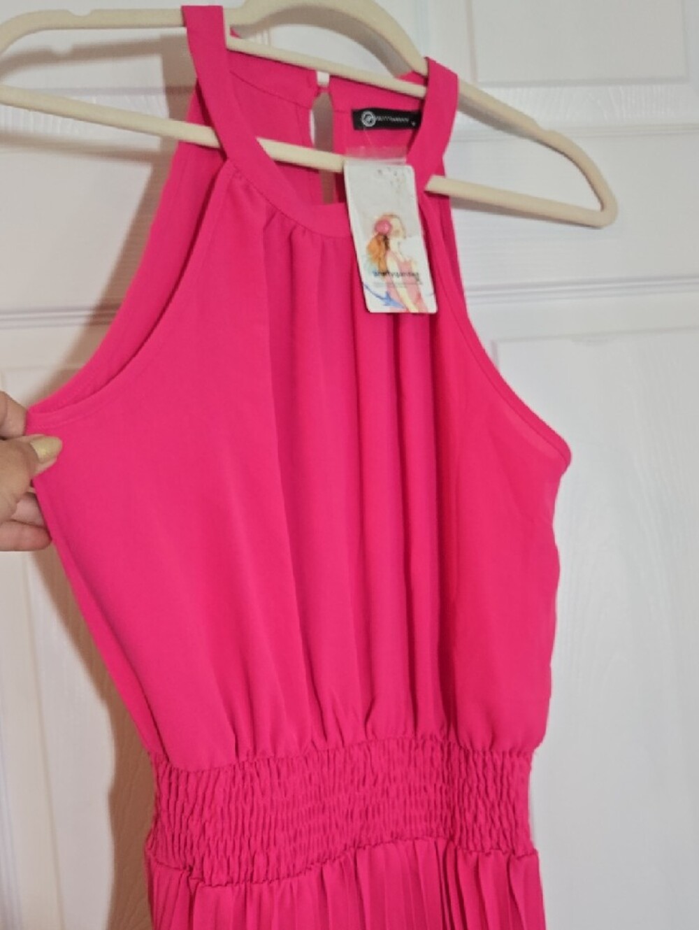 PrettyGarden New Hot Pink Pleated Halter Midi Dress Size Medium - Picture 4 of 9